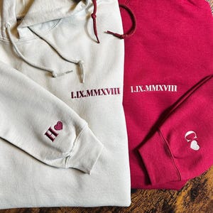 Anniversary Hoodie for Couples with Roman Numbers, Personalized Name & Initial Embroidered on Sleeve