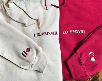 Anniversary Hoodie for Couples with Roman Numbers, Personalized Name & Initial Embroidered on Sleeve