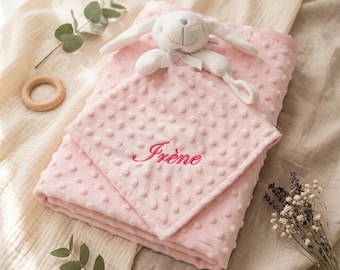 Ensemble de Couverture et Doudou Brodées, Couverture Personnalisée avec Prénom de Bébé & Doudou Personnalisé Doux