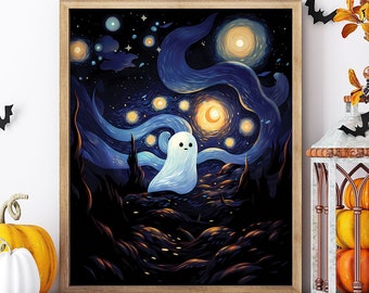 Van Gogh's The Starry Night Ghost Print, Ethereal Night, Cute Spooky Ghost Wall Art, Halloween Home Decor Autumn, Digital Download, Print #3