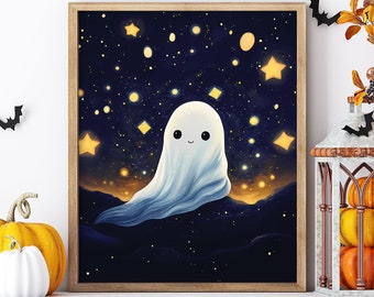Van Gogh's The Starry Night Ghost Print, Night's Embrace, Cute Spooky Ghost Wall Art, Halloween Home Decor, Fall, Digital Download, Print #5