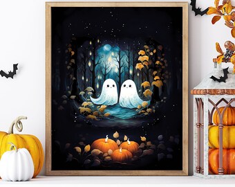 Moonlight Ghosts Amidst Amber Leaves, Amber Serenade, Cute Spooky Ghost Wall Art, Halloween Home Decor, Autumn, Digital Download, Print #2