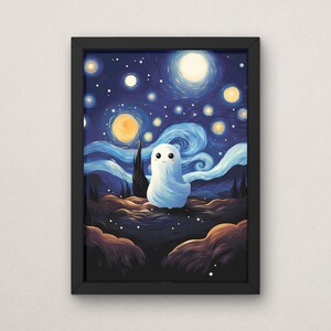 May include: A framed print of a starry night sky with a white ghost sitting in the foreground. The sky is painted in shades of blue and yellow with swirling clouds. The ghost has a friendly face and is wearing a white sheet.