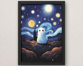 Van Gogh's The Starry Night Ghost Wall Art Print, Ghostly Starlight, Cute Spooky Ghost Poster, Halloween Home Decor, Horror, Spooky, Autumn