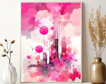 Abstract Pink Skyscraper Wall Art Print, Retro Geometric Poster, Neon Pink and Cream, Home Decor, Office, Modern, Contemporary, Feminine Art