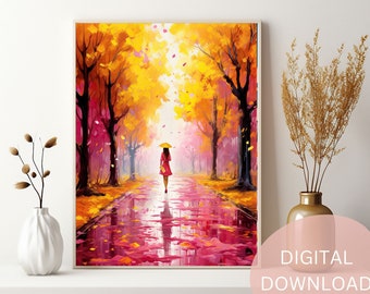 Pink Autumn Wall Art, Woman Walking in the Rain, Beautiful Colors, Bright Yellow and Pink Trees, Romantic Fall Poster, Digital Download