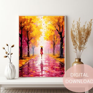 Pink Autumn Wall Art, Woman Walking in the Rain, Beautiful Colors, Bright Yellow and Pink Trees, Romantic Fall Poster, Digital Download image 1
