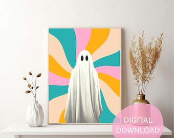 Retro Ghost Wall Art, Vintage Wavy Background Ghost Print, Groovy Y2K, Halloween Home Decor, Spooky, Fun and Trendy Decor, Digital Download