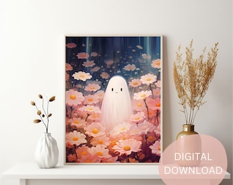 Pink Floral Ghost Wall Art, Cute Ghost Print, Cottagecore, Halloween Home Decor, Daisy Flowers, Spooky, Romantic Girly Art, Digital Download