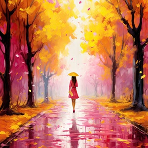 Pink Autumn Wall Art, Woman Walking in the Rain, Beautiful Colors, Bright Yellow and Pink Trees, Romantic Fall Poster, Digital Download image 3