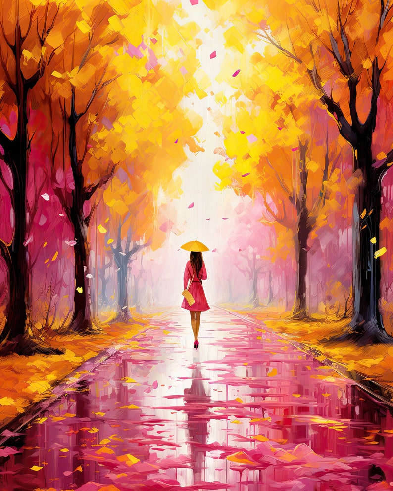 Pink Autumn Wall Art, Woman Walking in the Rain, Beautiful Colors, Bright Yellow and Pink Trees, Romantic Fall Poster, Digital Download image 3
