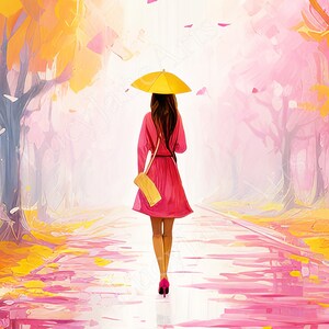 Pink Autumn Wall Art, Woman Walking in the Rain, Beautiful Colors, Bright Yellow and Pink Trees, Romantic Fall Poster, Digital Download image 5