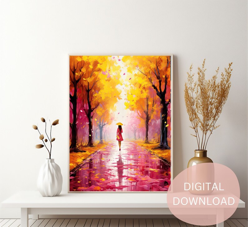 Pink Autumn Wall Art, Woman Walking in the Rain, Beautiful Colors, Bright Yellow and Pink Trees, Romantic Fall Poster, Digital Download image 1