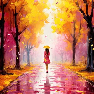 Pink Autumn Wall Art, Woman Walking in the Rain, Beautiful Colors, Bright Yellow and Pink Trees, Romantic Fall Poster, Digital Download image 9