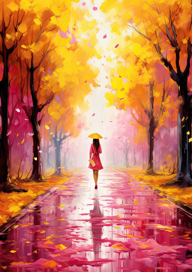Pink Autumn Wall Art, Woman Walking in the Rain, Beautiful Colors, Bright Yellow and Pink Trees, Romantic Fall Poster, Digital Download image 9