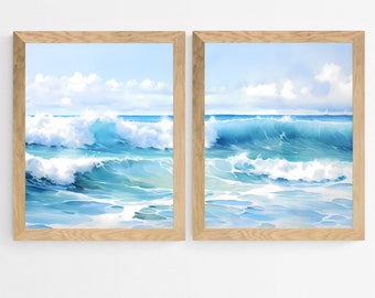 Ocean Waves Horizon Print, Set of 2 Diptych, Sea Ocean Wall Art, Ocean Home Decor, Summer, Surfing, Beach Lover, Digital Download Print #250