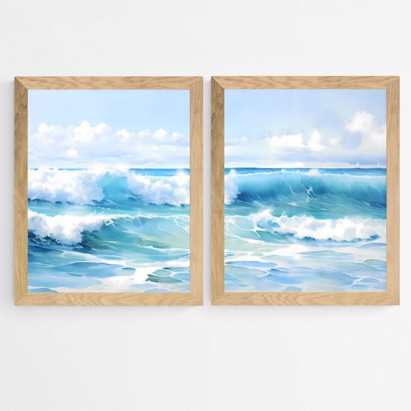 Ocean Waves Horizon Print, Set of 2 Diptych, Sea Ocean Wall Art, Ocean Home Decor, Summer, Surfing, Beach Lover, Digital Download Print #250