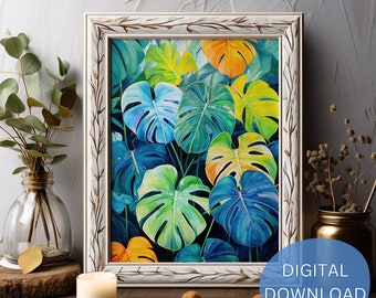 Monstera Plant Wall Art, Botánico, Vegetación, Hojas Tropicales Brillantes, Hermosos Colores, Planta de la Casa, Naturaleza, Decoración del Hogar, Descarga Digital