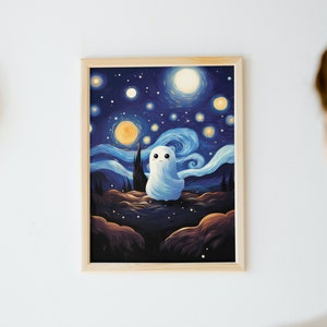May include: A framed print of a starry night sky with a white ghost sitting in the foreground. The sky is painted in shades of blue and purple with swirling clouds and stars. The ghost is smiling and has a white outline.