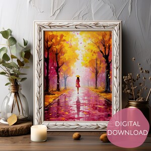 Pink Autumn Wall Art, Woman Walking in the Rain, Beautiful Colors, Bright Yellow and Pink Trees, Romantic Fall Poster, Digital Download image 2
