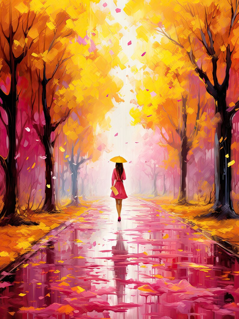 Pink Autumn Wall Art, Woman Walking in the Rain, Beautiful Colors, Bright Yellow and Pink Trees, Romantic Fall Poster, Digital Download image 8