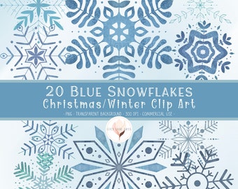 Blue Snowflake Christmas Clip Art, Digitally Drawn, Transparent Background, Textured, Winter PNG Graphics, Digital Download, Commercial Use