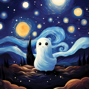 May include: A white ghost with a happy face stands on a hill in a starry night sky. The sky is painted in a swirling blue and yellow pattern, reminiscent of Vincent van Gogh's "Starry Night".