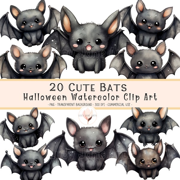Watercolor Halloween Cute Bat Clipart, Spooky Kawaii Bats Clip Art, No Background Transparent PNG Graphics, Digital Download, Commercial Use