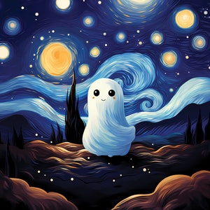 May include: A white ghost with a smiling face stands in a field under a starry night sky. The sky is painted in a swirling blue and yellow pattern, reminiscent of Vincent van Gogh's "Starry Night".