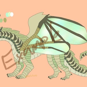 May include: A digital illustration of a dragon in shades of green and brown. The dragon features large wings with a light green and black design. Its body is light green with brown stripes. The background is a peach colour.