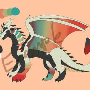 May include: Digital illustration of a dragon with a white body, black accents, and rainbow-coloured wings. The dragon has a red and black tail and red and black feet. A colour palette is in the upper left corner. The background is peach.