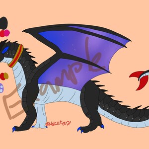 May include: A digital illustration of a dragon with black scales, blue and purple wings, and a red and gold collar. The dragon has a long tail with a red tip and blue claws. The word "sample" is written on the wing.