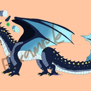 May include: Illustration of a dragon with a dark blue body, light blue wings, and yellow accents. The dragon has a long tail and is set against a peach background. Colour swatches are in the upper left.