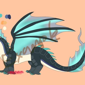 May include: A digital illustration of a dragon. The dragon has a black body, teal wings, and a light orange snout. The dragon has a long tail with a teal flame-like design. The background is a light orange colour.