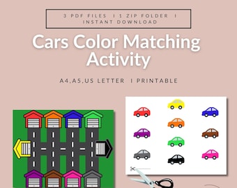 Autos Farbzuordnungsspiel, Vorschulaktivität, Arbeitsblatt für Homeschool, beschäftigtes Buch zum ausdrucken, Lernmappe, Kleinkindlernen