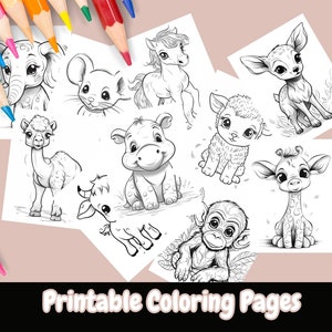 かわいい赤ちゃん動物のぬり絵、子供向けぬり絵、印刷可能なぬり絵、子供向けアクティビティ、かわいい動物、すぐにダウンロード、ぬり絵