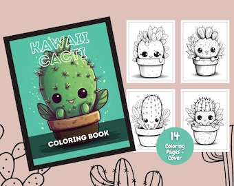 May include: A coloring book cover featuring a cute cartoon cactus with a green body and a brown pot. The cover has the text "Kawaii Cacti Coloring Book" in white letters on a teal background.