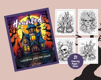 May include: A coloring book for adults with a spooky haunted house on the cover. The title of the book is "Haunted". There are 21 coloring pages plus the cover.