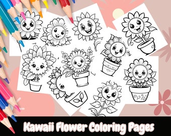 Disegni da colorare di fiori Kawaii per bambini, Kawaii, libro da colorare, pagine da colorare, pagine da colorare stampabili, download istantaneo, colorazione per bambini
