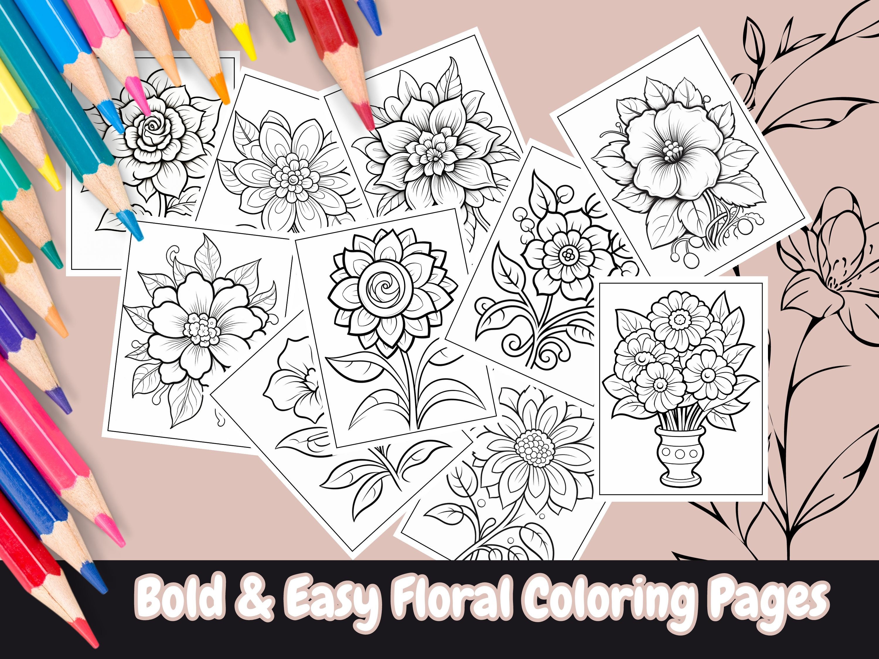 Páginas de colorear florales fáciles y con trazos gruesos para adultos y niños – 27 diseños imprimibles (PDF)