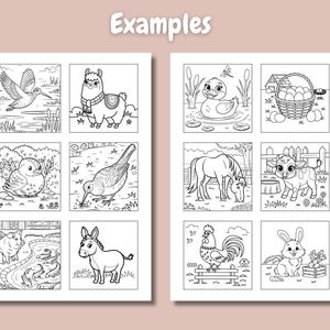 Pu&ograve; includere: Pagine da colorare in bianco e nero con animali da fattoria, uccelli e altre creature. Le pagine includono un lama, un'anatra, un cavallo, una mucca, un asino, un gallo e un coniglio.