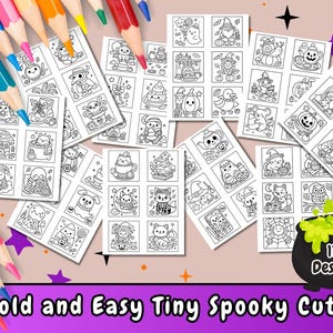 May include: A collection of black and white coloring pages featuring cute Halloween-themed illustrations. The pages are arranged in a scattered layout, with colored pencils in the background. Text at the bottom reads "Bold and Easy Tiny Spooky Cute" and a cauldron graphic with "117 Designs".