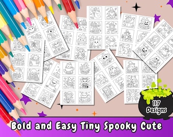 May include: A collection of black and white coloring pages featuring cute Halloween-themed illustrations. The pages are arranged in a scattered layout, with colored pencils in the background. Text at the bottom reads "Bold and Easy Tiny Spooky Cute" and a cauldron graphic with "117 Designs".