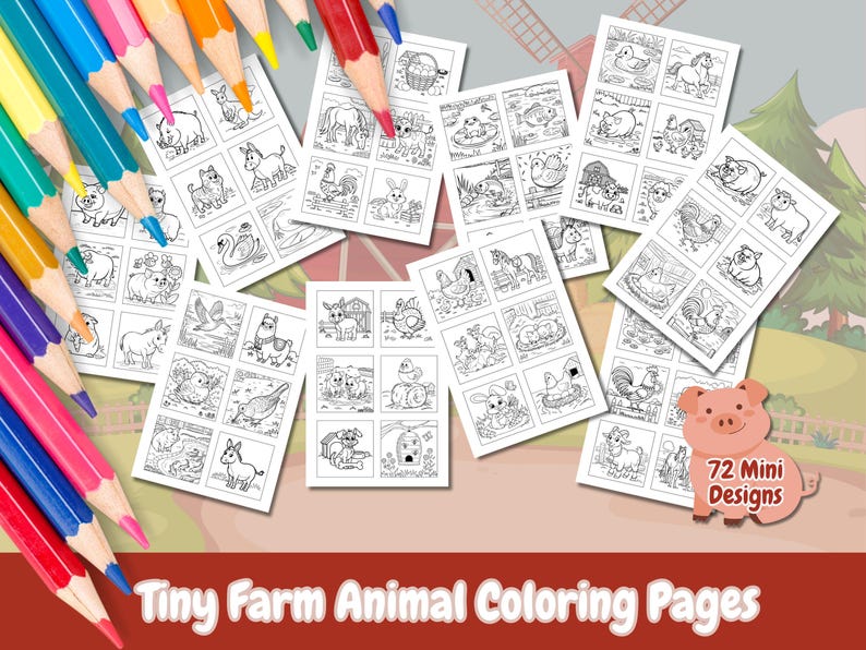 Pu&ograve; includere: Un set di 72 pagine da colorare stampabili in bianco e nero con piccoli animali della fattoria. Le pagine sono disposte in una griglia e includono una variet&agrave; di animali, come maiali, galline, mucche e pecore. Le pagine sono perfette per i bambini che amano colorare e imparare sugli animali della fattoria.