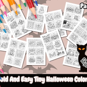 May include: A set of 83 printable Halloween coloring pages featuring cute and easy designs. The pages are arranged in a scattered pattern on a light pink background with bats and the text "Bold and Easy Tiny Halloween Coloring" at the bottom. The text "Part 2" is in the upper right corner of the image.