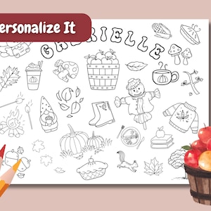 Puede incluir: Ilustración en blanco y negro con elementos temáticos de otoño, incluyendo calabazas, manzanas, un espantapájaros y una tarta. El texto "Personalize It" está en la parte superior izquierda. El nombre "Gabrielle" está escrito en una fuente decorativa.