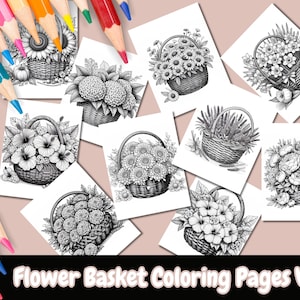 Flower Basket Coloring Pages For Adults, Printable Coloring Pages, Flower Coloring, Botanical Coloring, Grayscale Coloring Pages
