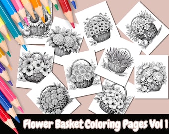 Flower Basket Coloring Pages For Adults, Printable Coloring Pages, Flower Coloring, Botanical Coloring, Grayscale Coloring Pages