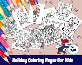 May include: A set of 5+ black and white holiday coloring pages for kids. The pages feature images of a gingerbread house, a fireplace with stockings, a penguin, a nutcracker, a teddy bear, Santa Claus, and a bell.