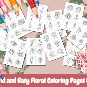 Pu&ograve; includere: Un set di 142 mini pagine da colorare floreali. Le pagine sono disegni in bianco e nero di vari fiori. Le pagine sono disposte in una griglia. Il testo "142 Mini Designs" &egrave; visibile nell'angolo in basso a destra dell'immagine.